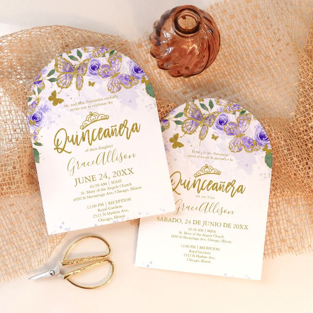 Bilingual Purple Butterfly Quinceañera Invitation (Creator Uploaded)