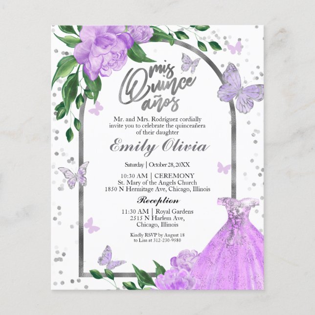Bilingual Quinceanera Butterflys Budget Invitation (Front)
