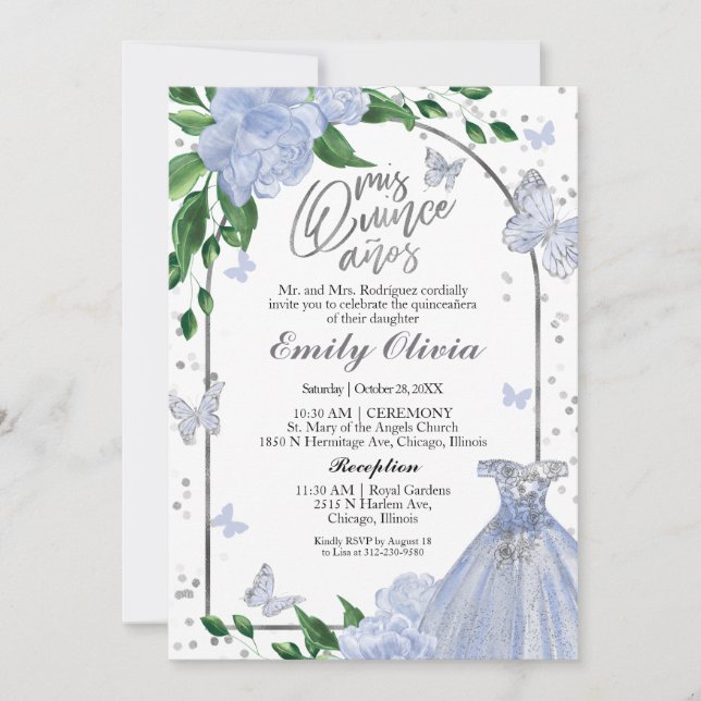 Bilingual Quinceanera Butterflys Dusty Blue Gown Invitation (Front)