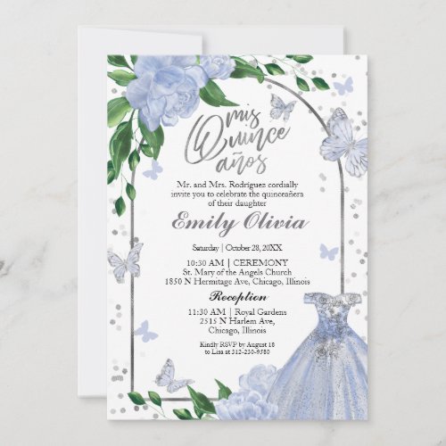 Bilingual Quinceanera Butterflys Dusty Blue Gown Invitation