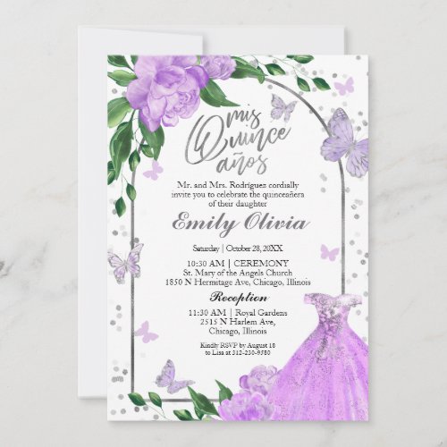 Bilingual Quinceanera Butterflys Lavender Gown Invitation