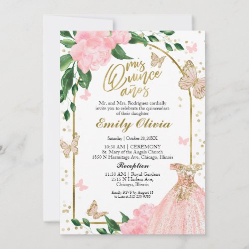 Bilingual Quinceanera Butterflys Pink Blush Gown Invitation