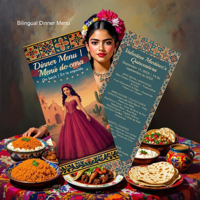 Bilingual Quinceañera Vintage Red Gown Girl Dinner Menu (Bilingual Quinceañera Vintage Red Gown Girl Dinner Menu)