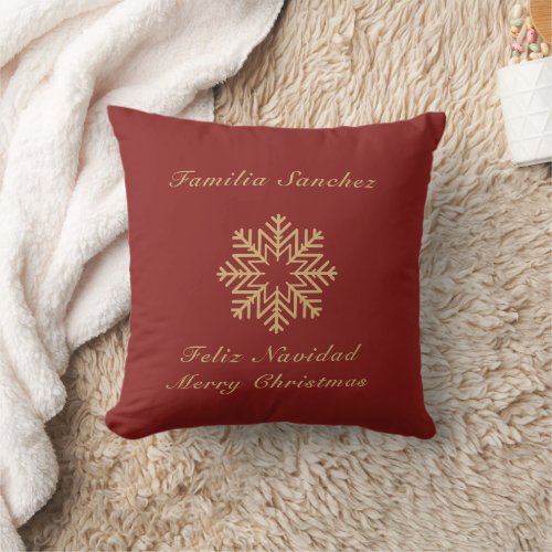 Bilingual Red and Golden Christmas Feliz Navidad Throw Pillow