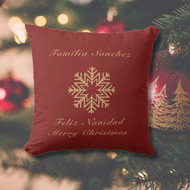 Bilingual Red and Golden Christmas Feliz Navidad Throw Pillow (Bilingual red & golden throw pillow, custom family name & text. Multilingual Project)