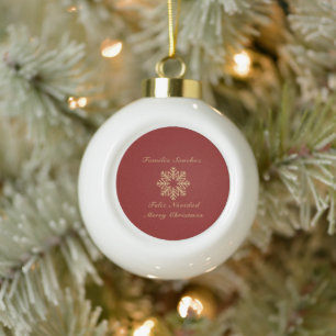 Bilingual Red and Golden Christmas Snowflake Ceramic Ball Christmas Ornament