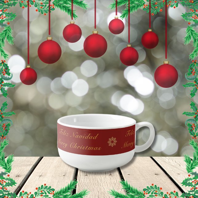 Bilingual Red and Golden Christmas Snowflake Soup Mug (Bilingual text, Family name Christmas bowl, editable & customiyable. Multilingual Project)