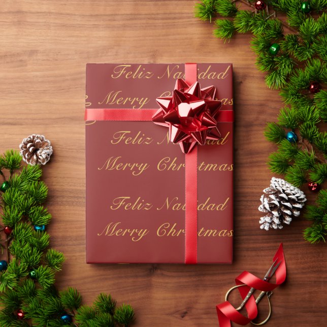 Bilingual Red and Golden Christmas Tree  Wrapping Paper (Holiday Gift)