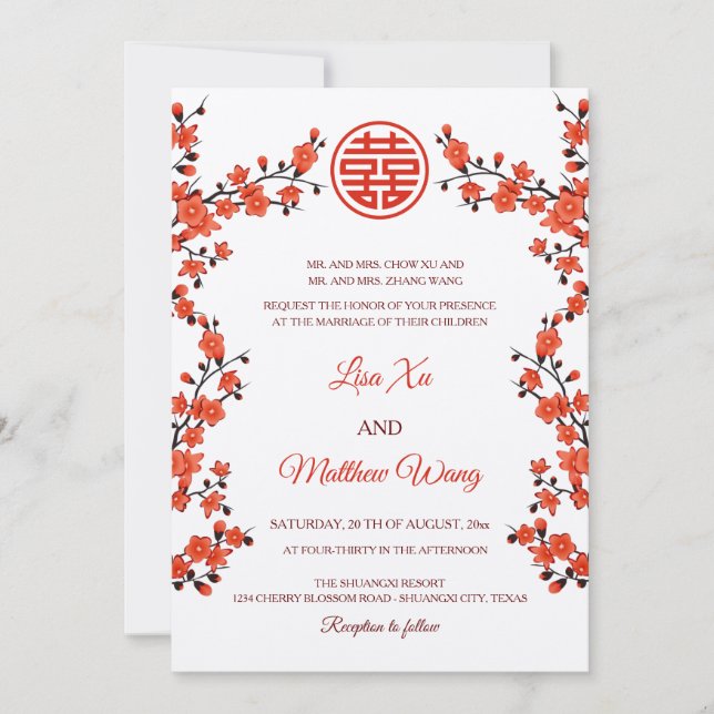 BILINGUAL Red Cherry Blossom | Chinese Wedding Invitation (Front)