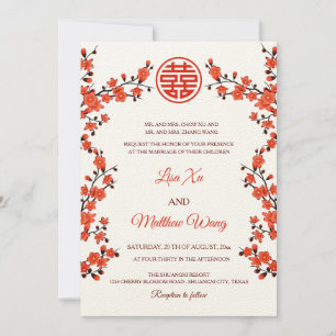 BILINGUAL Red Cherry Blossom Chinese Wedding Invitation