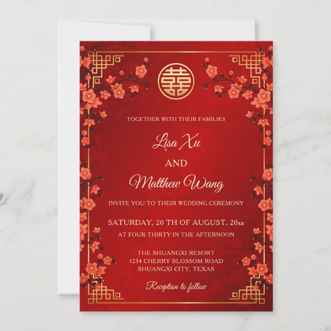 BILINGUAL Red Cherry Blossom | Chinese Wedding Invitation (Front)