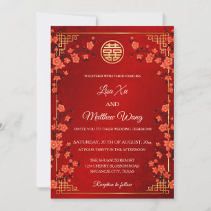 BILINGUAL Red Cherry Blossom Chinese Wedding Invitation