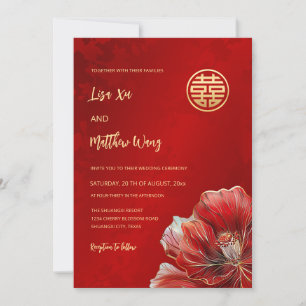 Bilingual Red Flower Chinese Wedding Invitation