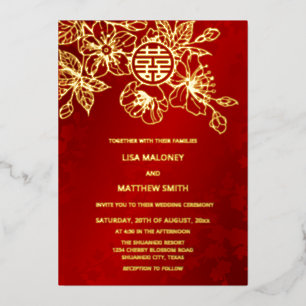 BILINGUAL Red Gold Cherry Blossom Chinese Wedding Foil Invitation