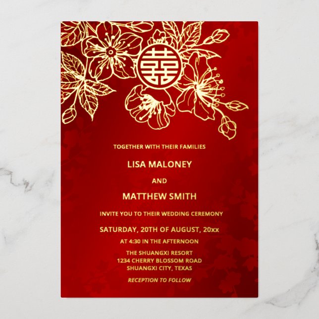 BILINGUAL Red Gold Cherry Blossom Chinese Wedding Foil Invitation (Front)
