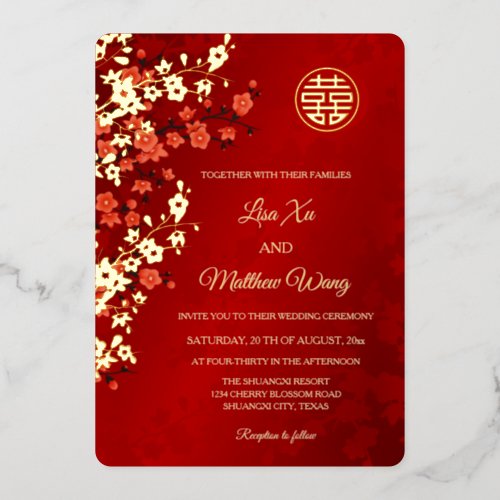 BILINGUAL Red Gold Cherry Blossom Chinese Wedding Foil Invitation
