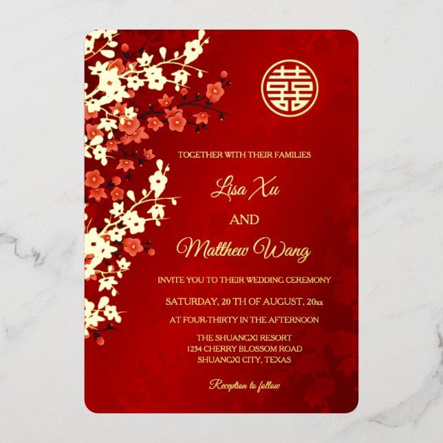 BILINGUAL Red Gold Cherry Blossom Chinese Wedding Foil Invitation (Front)
