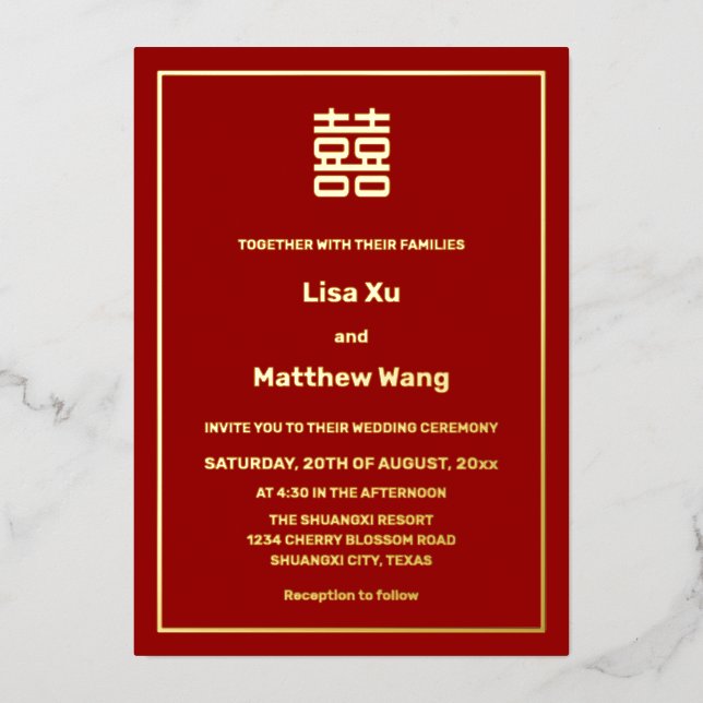 BILINGUAL Red Gold Chinese Wedding Foil Invitation (Front)