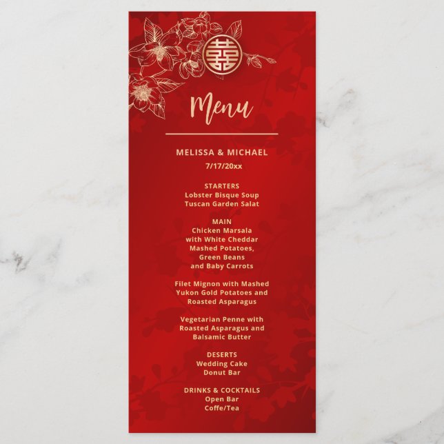 BILINGUAL Red Gold Magnolia Chinese Wedding Menu (Front)