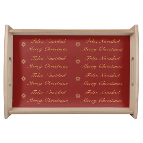 Bilingual Red  Golden Christmas Spanish Snowflake Serving Tray