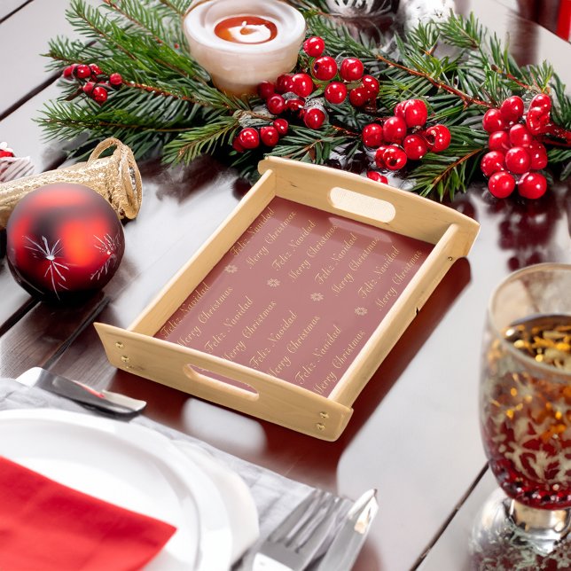 Bilingual Red & Golden Christmas Spanish Snowflake Serving Tray (Bilingual Spanish serving tray, feliz Navidad, custom text, snowflake. Multilingual Project)