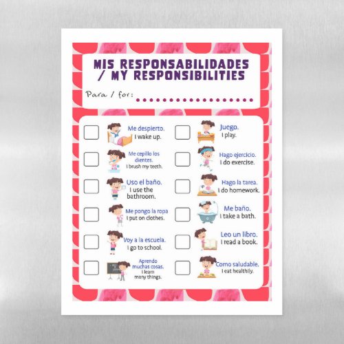 Bilingual Responsibility Chart for Girls Magnetic Dry Erase Sheet
