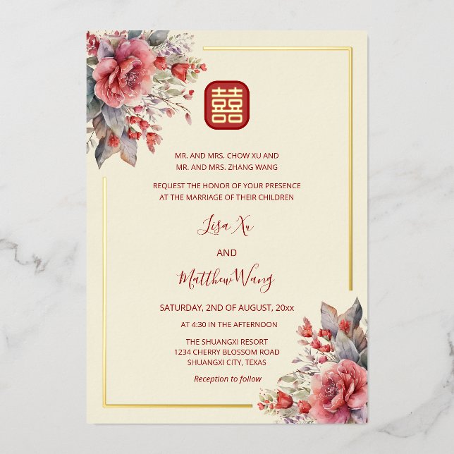 BILINGUAL | Roses Gold Chinese Wedding Foil Invitation (Front)