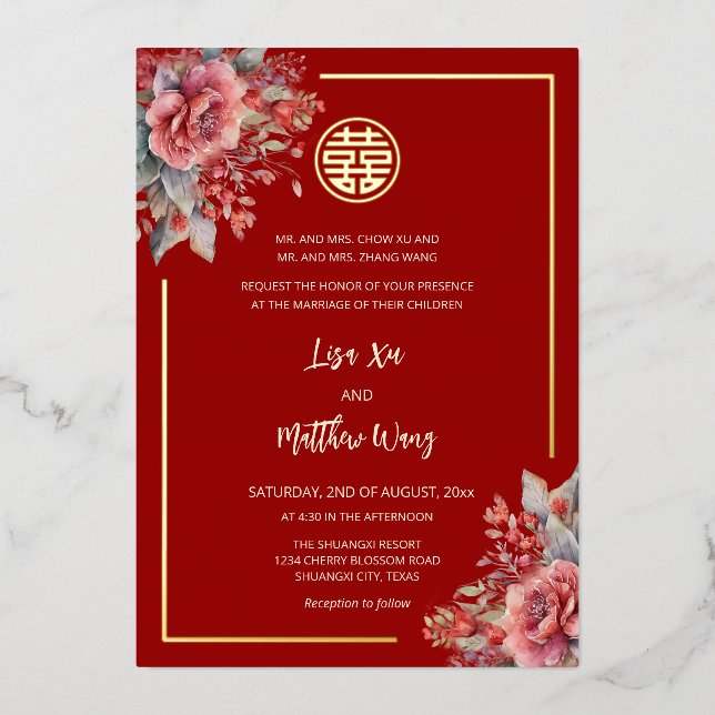BILINGUAL Roses Red Gold Chinese Wedding Foil Invitation (Front)
