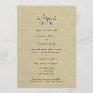 Bilingual Rustic Monogram Flower Wedding Invite