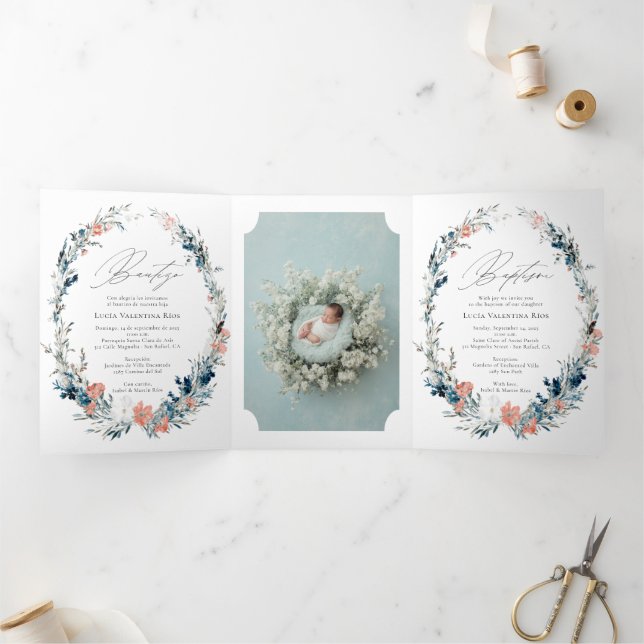Bilingual Spanish English Flowers Baptism Bautizo  Tri-Fold Invitation (Inside)