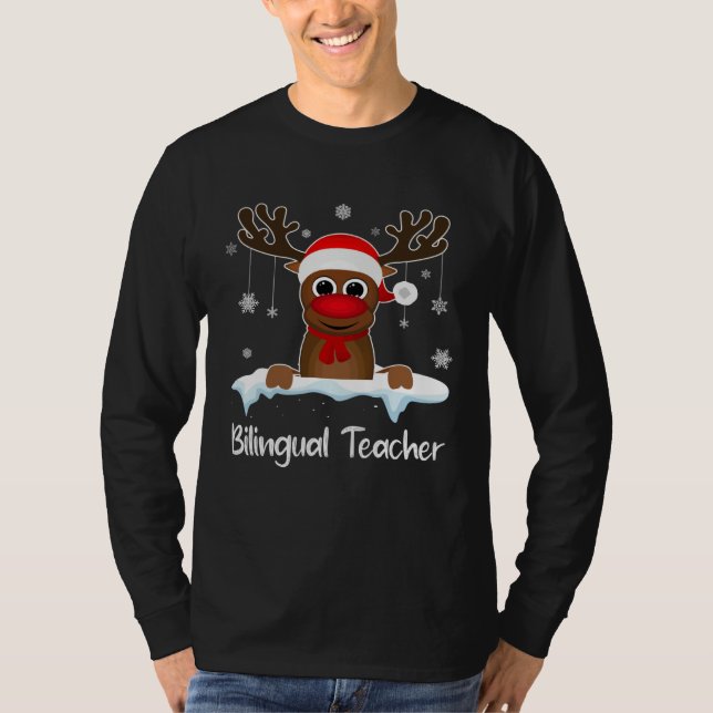 Bilingual Teacher Squad Reindeer Santa Hat Christm T-Shirt (Front)