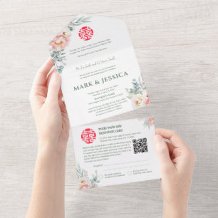 Bilingual Vietnamese Peonies Traditional All In On All In One Invitation