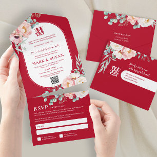 Bilingual Vietnamese Peonies Traditional All In On One Invitation