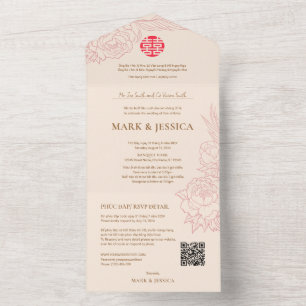 Bilingual Vietnamese Peonies Traditional All In One Invitation