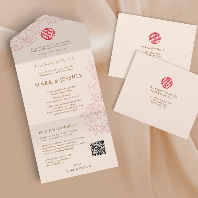 Bilingual Vietnamese Peonies Traditional All In One Invitation (Creator Uploaded)