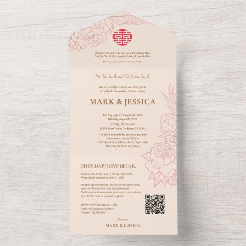 Bilingual Vietnamese Peonies Traditional All In One Invitation
