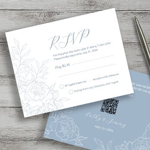 Bilingual Vietnamese Peony Dusty Blue RSVP Cards
