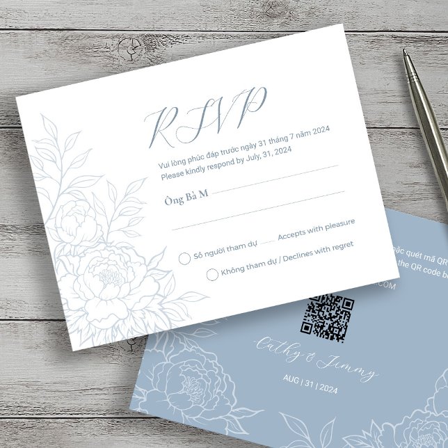 Bilingual Vietnamese Peony Dusty Blue RSVP Cards (Creator Uploaded)