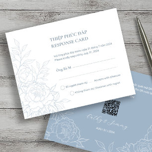 Bilingual Vietnamese Peony Dusty Blue RSVP cards