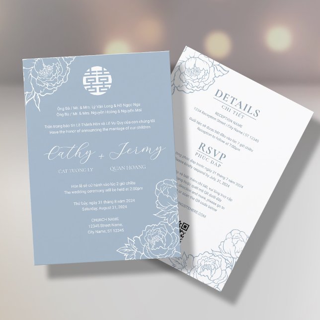 Bilingual Vietnamese Peony Song Hy Dusty Blue Invitation (Creator Uploaded)