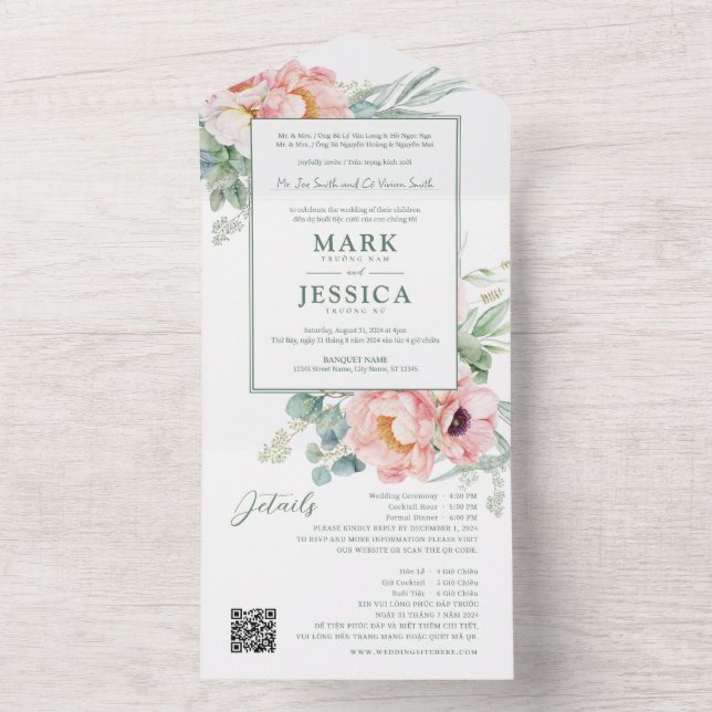 Bilingual Vietnamese Pink Flower All In One Invitation (Inside)