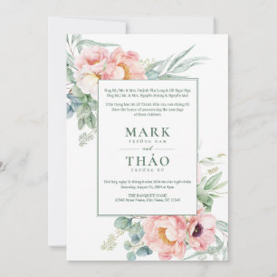 Bilingual Vietnamese Pink White Flower Wedding Invitation