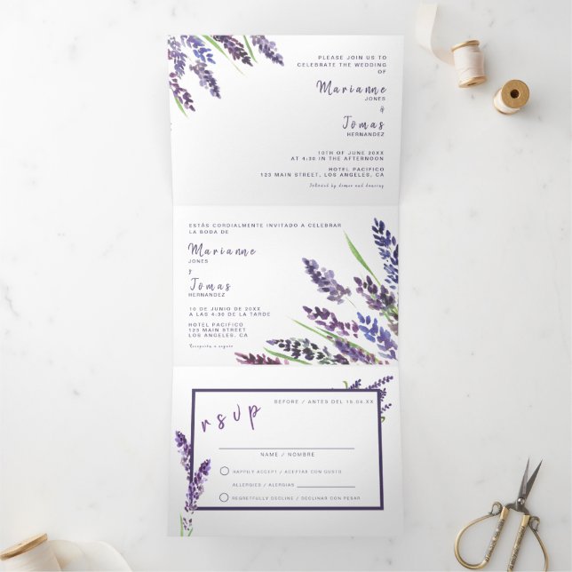 Bilingual Wedding Invitation - Lavender All in One (Inside)