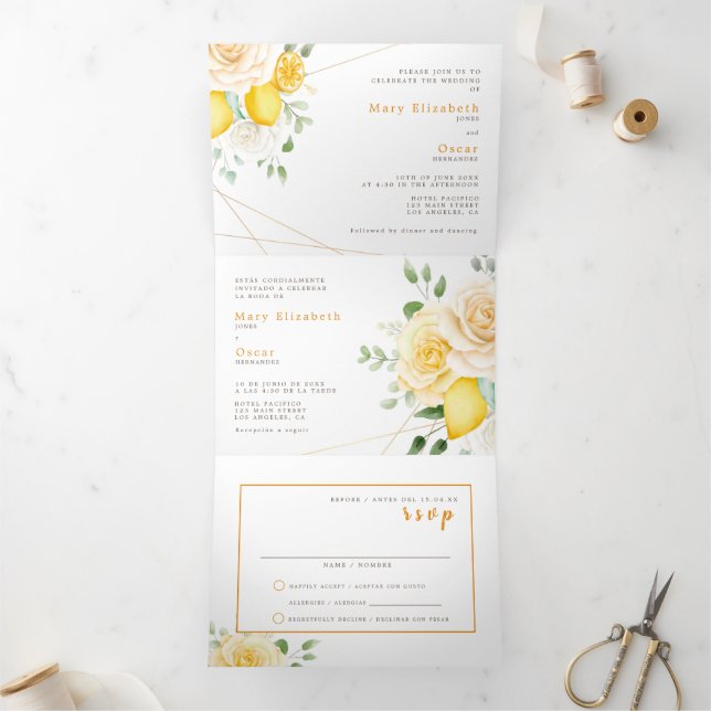 Bilingual Wedding Invitation - Lemon All in One (Inside)