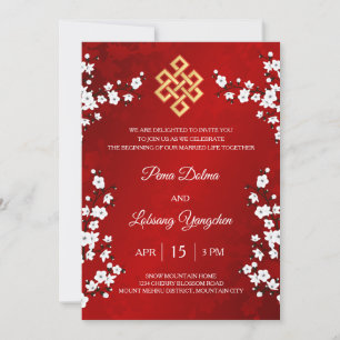 BILINGUAL White Cherry Blossom Tibetan Wedding Invitation