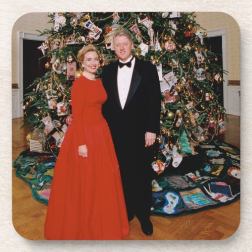 Bill  Hillary Clinton Christmas White House   Beverage Coaster
