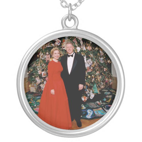 Bill  Hillary Clinton Christmas White House   Silver Plated Necklace