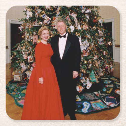 Bill  Hillary Clinton Christmas White House   Square Paper Coaster