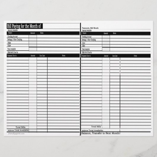 Bill Paying Schedule Sheets - Horizontal (Front)