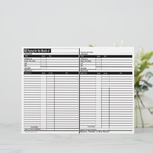 Bill Paying Schedule Sheets - Horizontal (Standing Front)